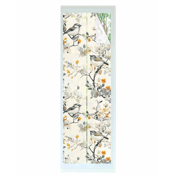 Window Privacy Film Yellow Grey Botanical Stained Glass Window Film Decorative Sun Block Window Cover Spring Floral Birds Vintage Window Clings Static Adhesive Sticker for Bathroom 23.6"x78.7"