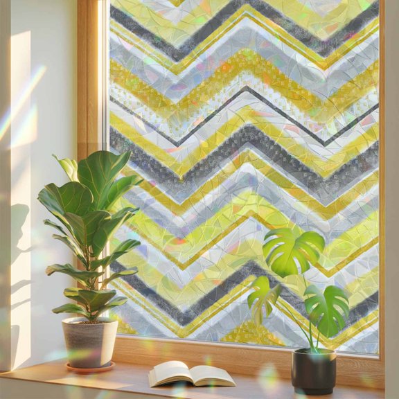 Window Privacy Film Yellow Grey Chevron Stained Glass Window Film Geometric Design Stripe Rainbow Static Window Clings for Glass Windows Home Bathroom Living Room Office Door Sticker 17.7"39.3"
