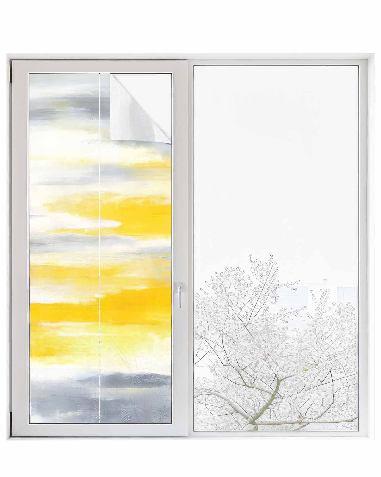 Window Privacy Film Yellow Grey Stained Glass Window Film Decorative Sun Block Window Cover Vintage Farmhouse Abstract Oil Painting Window Clings Static Adhesive Sticker for Bathroom 23.6"x59"