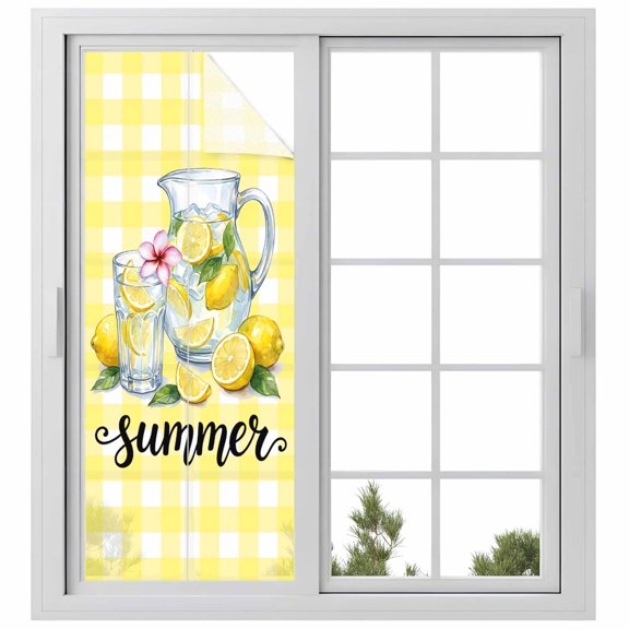 Window Privacy Film Yellow Lemon Stained Glass Window Film Decorative Window Cover Summer Fruit Drinks Glass Bottles Mint Leaf Plaid Window Clings Static Adhesive Sticker for Bathroom 29.5"x78.7"