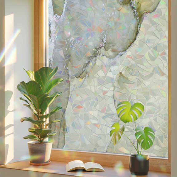 Window Privacy Film Yellow Marble Stained Glass Window Film Abstract Waves Cloud Rainbow Static Window Clings for Glass Windows Home Bathroom Living Room Office Glass Door Sticker 17.7"39.3"