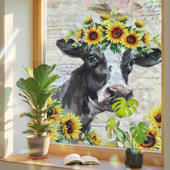 Window Privacy Film Yellow Sunflower Cow Stained Glass Window Film Farm Animal Vintage Text Rainbow Static Window Clings for Glass Windows Home Bathroom Living Room Office Door Sticker 17.7"39.3"