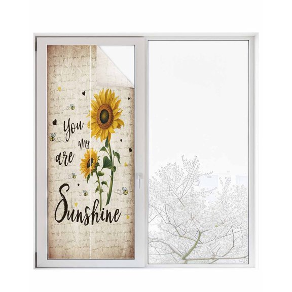 Window Privacy Film Yellow Sunflower Stained Glass Window Film Decorative Sun Block Window Cover Summer Vintage Flower Bee Sunshine Window Clings Static Adhesive Sticker for Bathroom 23.6"x59"