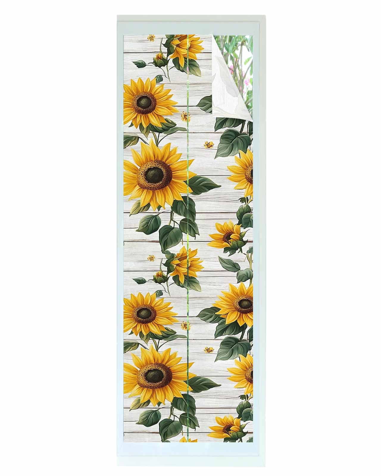 Window Privacy Film Yellow Sunflowers Stained Glass Window Film Decorative Sun Block Window Cover Country Botanical Floral Wooden Grain Window Clings Static Adhesive Sticker for Bathroom 29.5"x118"
