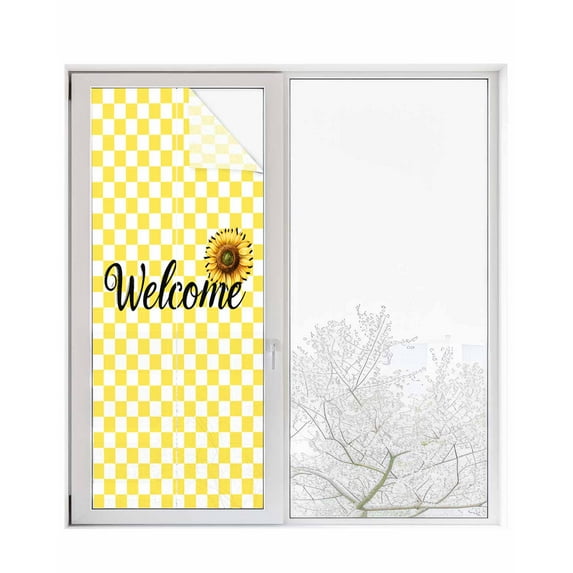 Window Privacy Film Yellow Sunflowers Stained Glass Window Film Decorative Sun Block Window Cover Spring Flower Retro Plaid Window Clings Static Adhesive Sticker for Bathroom 23.6"x59"