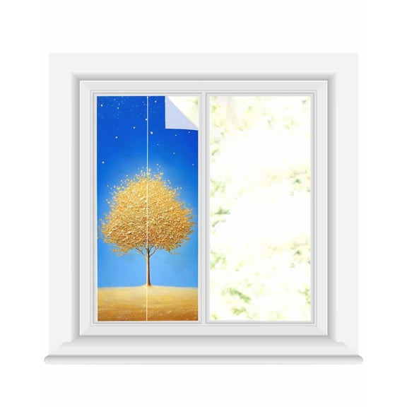 Window Privacy Film Yellow Tree Stained Glass Window Film Decorative Sun Block Window Cover Land Gradient Star Sky Retro Watercolor Window Clings Static Adhesive Sticker for Bathroom 19.6"x39.3"