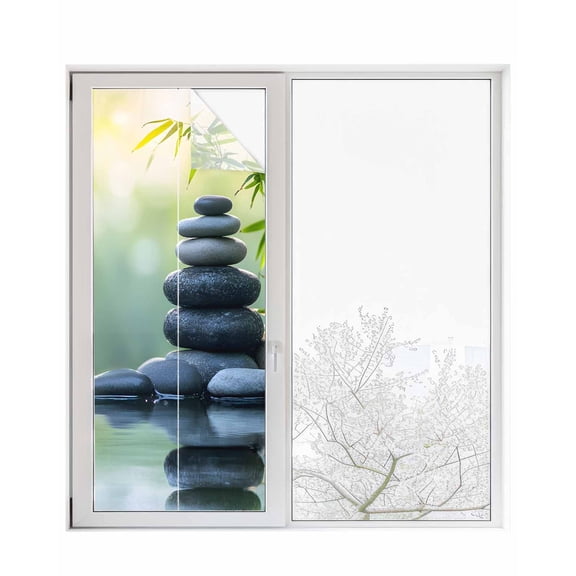 Window Privacy Film Zen Stones Stained Glass Window Film Decorative Sun Block Window Cover Nature Water Reflection Country Botanical Window Clings Static Adhesive Sticker for Bathroom 29.5"x78.7"