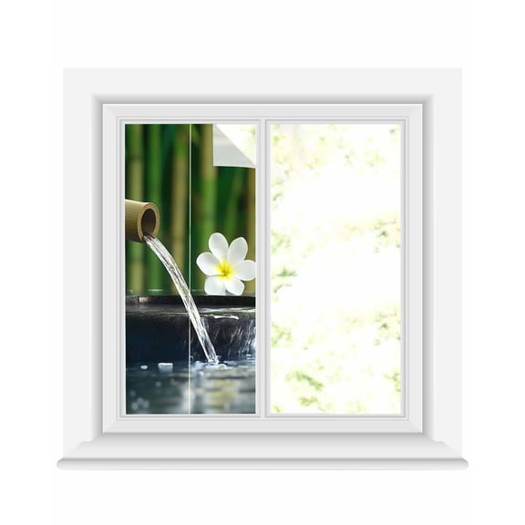 Window Privacy Film Zen Stones Water Flowing Stained Glass Window Film Decorative Sun Block Window Cover Floral Green Forest Window Clings Static Adhesive Sticker for Bathroom 17.7"x39.3"