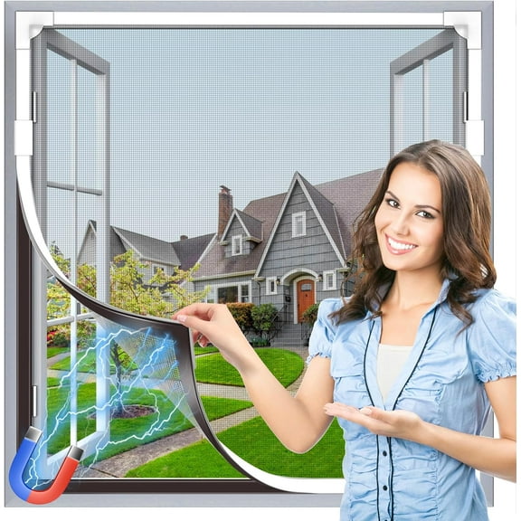 Window Screen Adjustable Magnetic Window Screen Replacement Max 43” x 71”, DIY Fiberglass Mesh Window Screens for House Windows White Frame Grey Mesh