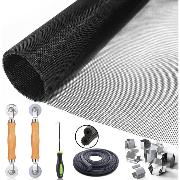 Window Screen Door Repair/Replacement Kit, Include Black Screen Mesh 48"x118"+ 2 Roller+50Ft Spline+8Clips+Hook, 6 in 1 Window Mesh Kit, Steel/Nylon Bearing Roller