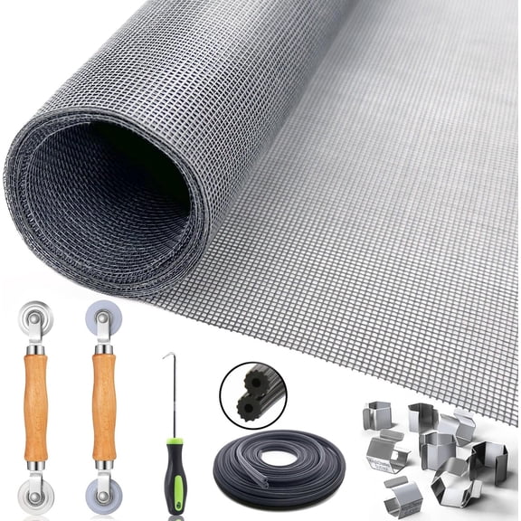 Window Screen Door Repair/Replacement Kit, Include Gray Screen Mesh 48"x118"+ 2 Roller+50Ft Spline+8Clips+Hook, 6 in 1 Window Mesh Kit, Steel/Nylon Bearing Roller