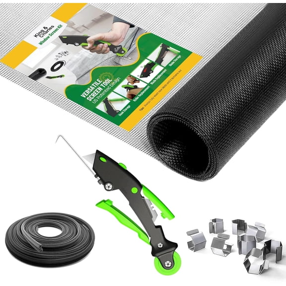 Window Screen Door Repair/Replacement Kit, Includes Black Screen Mesh 48"x118"+ Versatile Screen Roller Tool+50Ft Spline+8Clips, Insect Screen, Pet Proof Window Mesh Kit