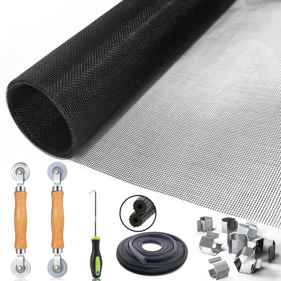 Window Screen Replacement, Include Black Mesh 48inx118in+2 Roller+50Ft Spline+8Clips+Hook, 6 in 1 Screen Door Repair Kit