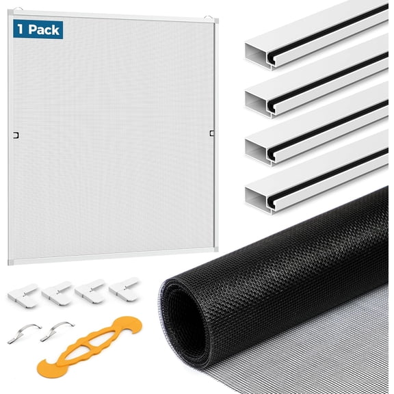 Window Screen Frame Kit, 5/16 Inch x 3/5 Inch x 46 Inch, Makes One Complete Screen 46" x 46" Or Smaller, Includes Premium Screen Mesh, 4 Heavy Duty Corners & Durable Spline, 1 Set, White
