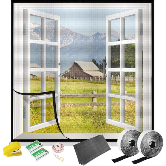 Window Screen Kit, Adjustable DIY Window Screen Replacement, Fiberglass Screen Mesh with Stapler and Tape Measure, Grey