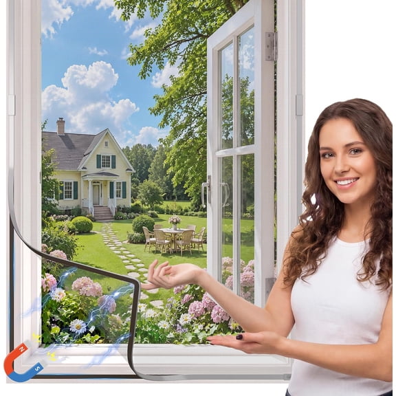 Window Screen Magnetic Replacement Max 39" x 59", DIY Fiberglass Mesh Adjustable Screens for House Windows, Grey Frame with