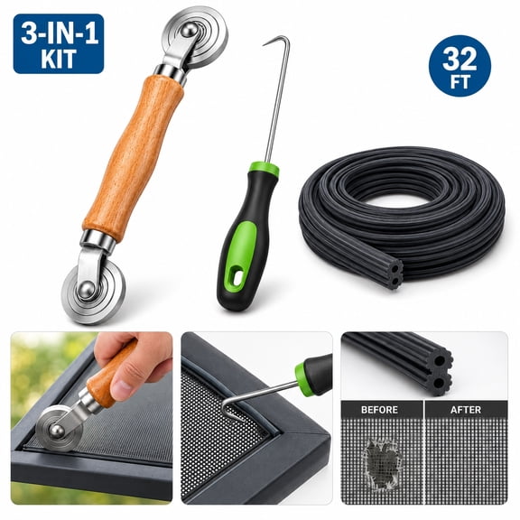 Window Screen Repair Kit, 3-in-1 Screen Roller Tool with Steel Roller, 32-Foot Spline Roll & Removal Hook, Door and Window Mesh Replacement Tools for DIY Installation and Repair
