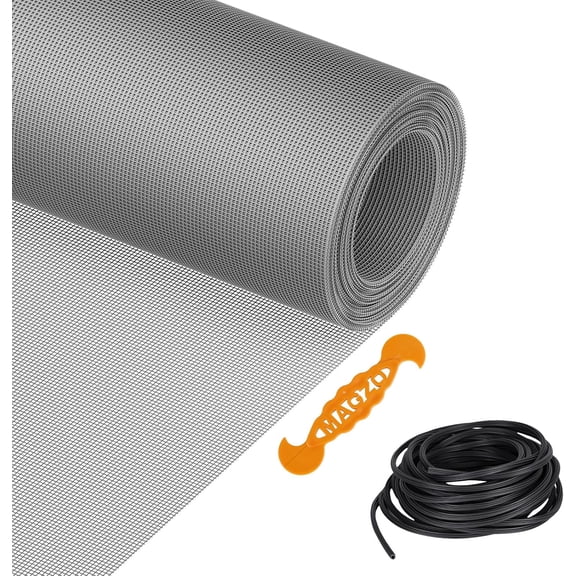 Window Screen Replacement Kit, 36"W 90"L Durable Polyester Adjustable Screen Mesh with Retainer Spline (32ft) for DIY Project Window Screen Door Screen Replacement & Repair, Grey