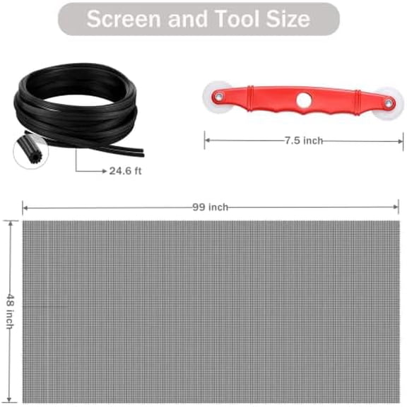 Window Screen Replacement Kit, 48'' x 99'' Fiberglass Screen Mesh with Rolling Tool and Screen Retainer Spline, DIY Adjustable Screen Door Mesh for Window, Door and Patio, Black