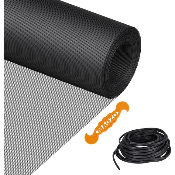 Window Screen Replacement Kit, 59"W 106"L Durable Polyester Adjustable Screen Mesh with Retainer Spline (32ft) for DIY Project Window Screen Door Screen Replacement & Repair, Black