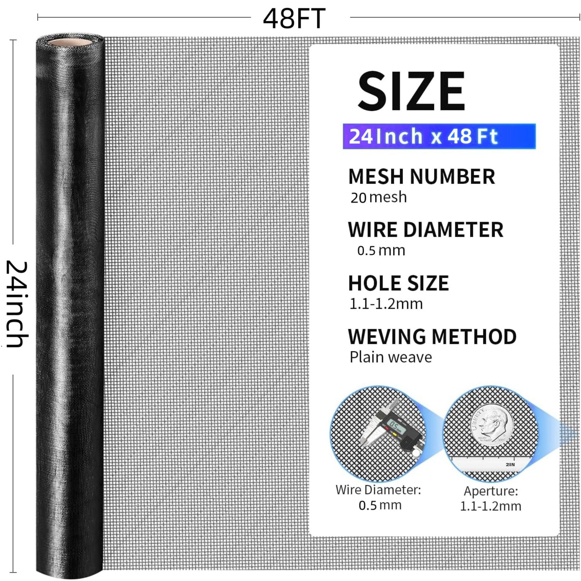 Window Screen Roll with Stainless Steel Mesh 24x48 FT, Black High-Transparency Screen Replacement for Doors Patios Porches, DIY Friendly