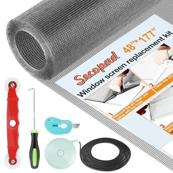 Window Screens Replacement Repair Kit, 48in x 177in Extended Size Screen Door Mesh Replacement Kit, Durable Fiberglass Mesh Screen Roll with Tools for Windows Doors Patio and Porch Screens, Grey