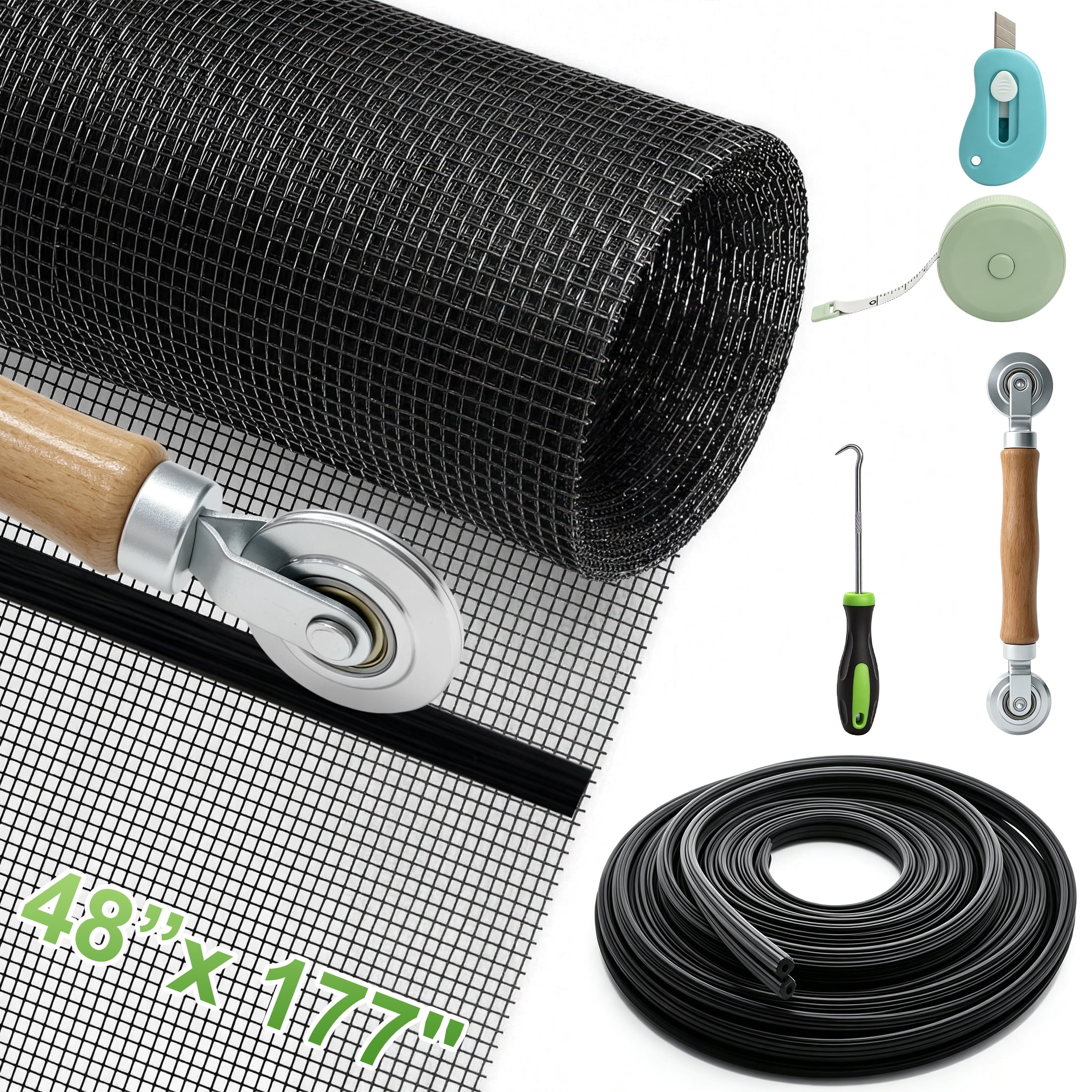 48 x 177 Inch Window Screen Repair Kit, Window Screen Mesh & Installation Tools, Window Mesh Replacement Kit, DIY Window Screen Repair Kit for Household Windows, Balcony and Entry Doors