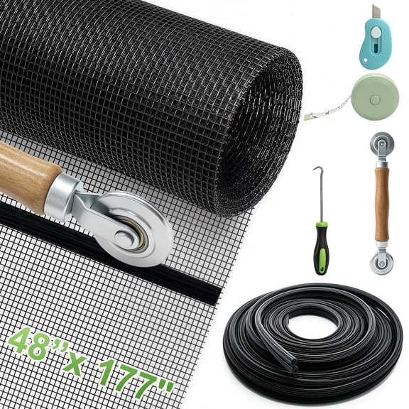 48 x 177 Inch Window Screen Repair Kit, Window Screen Mesh & Installation Tools, Window Mesh Replacement Kit, DIY Window Screen Repair Kit for Household Windows, Balcony and Entry Doors