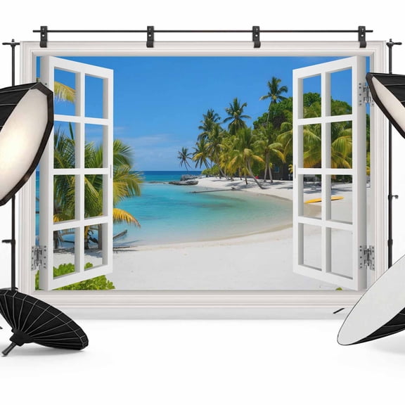 Window Seascape Backdrop for Photoshoot,Photography Photo Studio Background Wall Backdrop,Summer Beach Seaside Palm Trees Back Drop Banner Panel for Portraits Wedding Live Streaming Decor 12x8Ft
