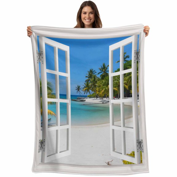 Window Seascape Blanket Soft Cozy Warm Throw Blanket for Couch, Plush Fuzzy Flannel Fleece Blankets for Sofa, Summer Beach Seaside Palm Trees Bed Blankets Lightweight Gifts for Women, 30"x40"