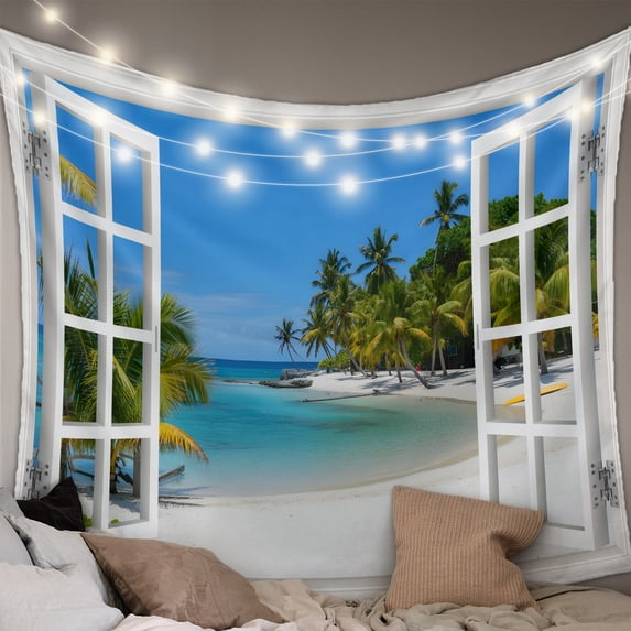 Window Seascape Large Tapestry for Bedroom Wall Hanging Tapestry, Summer Beach Seaside Palm Trees Ceiling Backdrop Tapestries Poster Blanket Wall Decor for Teens Room Living Room Dorm 100" x 59"