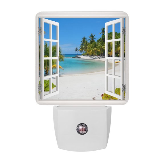 Window Seascape Night Lights Plug Into Wall, LED Dusk to Dawn Sensor Night Light, Summer Beach Seaside Palm Trees Nightlight for Bedroom Bathroom Living Room Hallway Home Wall Decor