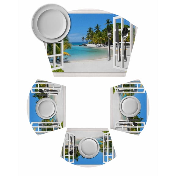 Window Seascape Round Placemats Set of 2, Summer Beach Seaside Palm Trees Placemats for Round Dining Table Shape Wedge Placemats for Outdoor Indoor Wipeable Clean Table Place Mats