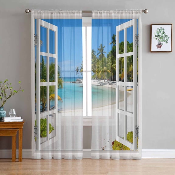 Window Seascape Sheer Curtains 84 Inches Long 2 Panels Set, Window Sheer Curtains for Living Room/Bedroom, Summer Beach Seaside Palm Trees Light Filtering Rod Pocket Curtain 52'' x 84'' x 2