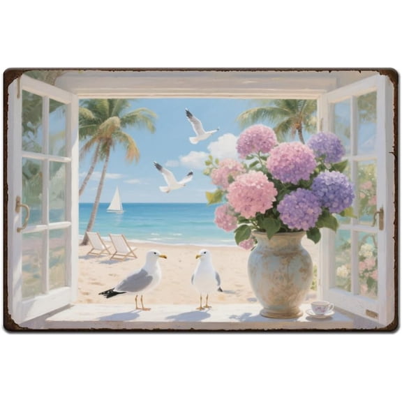 Window Seascape Tin Signs Retro Seagull Metal Poster Iron Wall Decor Rectangle Signs
