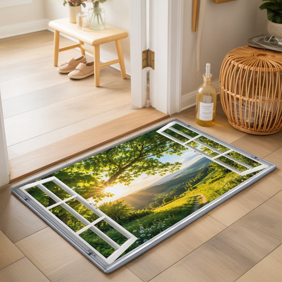 Window Serene 2'x3' Small Rugs for Entryway Front Door Kitchen Sink Area, Summer Oak Tree Canopy Rolling Hill Country Pathway Soft Sturdy Mats Washable Non Slip Rectangle Area Rug