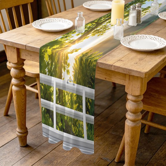 Window Serene 4.5ft Cheesecloth Table Runner for Wedding 19"x55", Summer Oak Tree Canopy Rolling Hill Country Pathway Kitchen Dinner Sheer Tulle Chiffon Dresser Scarf, Holiday Party Decorations