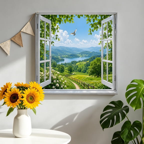 Window Serene Canvas Wall Art for Living Room, Summer Green Pasture Flying Bird Lake Flower Sky Blue Poster Print Painting for Bedroom Office Home Decoration Wall Pictures Prepare To Hang 8"x8"