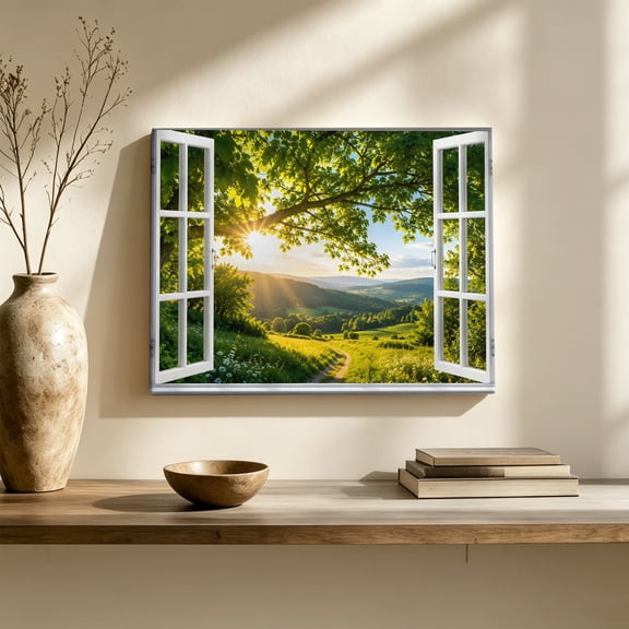 Window Serene Canvas Wall Art, Summer Oak Tree Canopy Rolling Hill Country Pathway Wall Art Prints Artwork Framed Canvas Ready to Hang Art Pictures for Living Dining Room Bedroom Hallway 24" x 20"