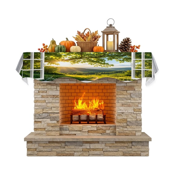 Window Serene Fireplace Mantel Scarf 90 x 17 Inch, Summer Oak Tree Canopy Rolling Hill Country Pathway Mantel Scarves for Fireplace Decoration for Thanksgiving Party Supplies