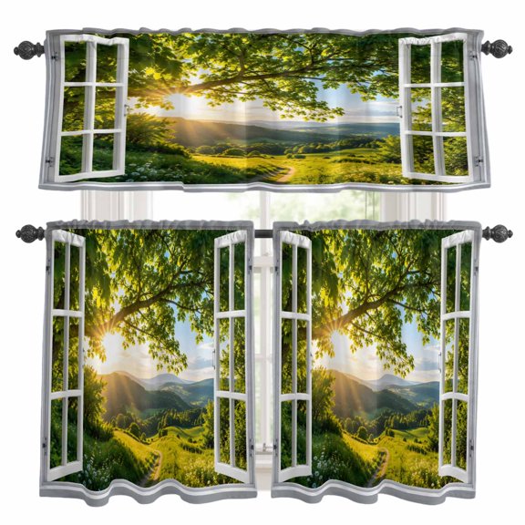 Window Serene Kitchen Curtains Valances 3 Piece Set, Summer Oak Tree Canopy Rolling Hill Country Pathway Rod Pocket Tier Curtain and Valance Drapes for Small Window 24 Inch Length for Bedroom Cafe