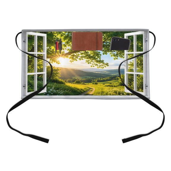 Window Serene Kitchen Restaurant Half Waist Apron, Summer Oak Tree Canopy Rolling Hill Country Pathway Server Short Apron with 3 Pockets Waterproof Oil Waist Aprons for Women Waitress Waiter