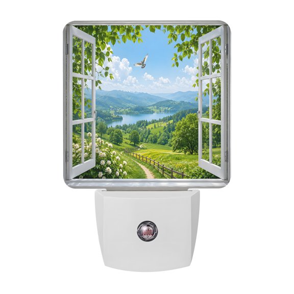 Window Serene Night Lights, Summer Green Pasture Flying Bird Lake Flower Sky Blue Smart Auto Dusk to Dawn Sensor Nightlights Plug-in Nightlight for Bedroom Bathroom Living Room Kitchen Hallway