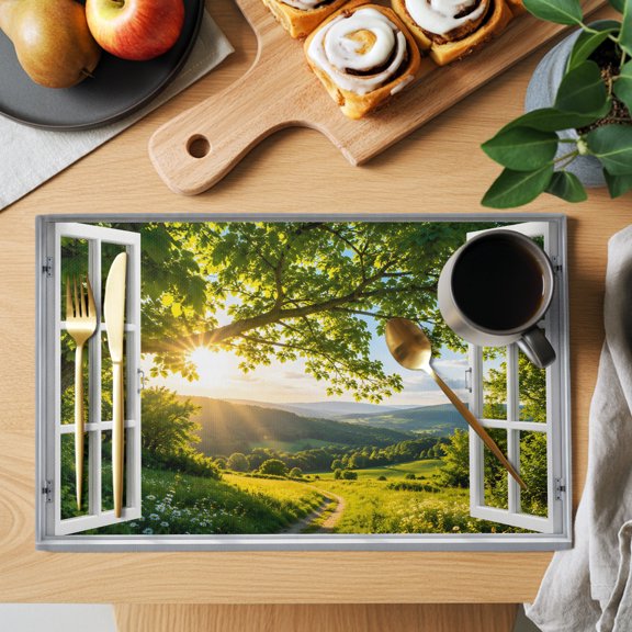 Window Serene Placemats Set of 1, Summer Oak Tree Canopy Rolling Hill Country Pathway Non-Slip Place Mats Washable Table Mats for Kitchen Dining Table Decorations Indoor/Outdoor
