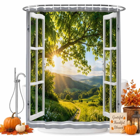 Window Serene Shower Curtain for Bathroom, Summer Oak Tree Canopy Rolling Hill Country Pathway Waterproof Cloth Fabric Bathroom Accessories Set with 12 Rust Proof Plastic Hooks, 72"x78"