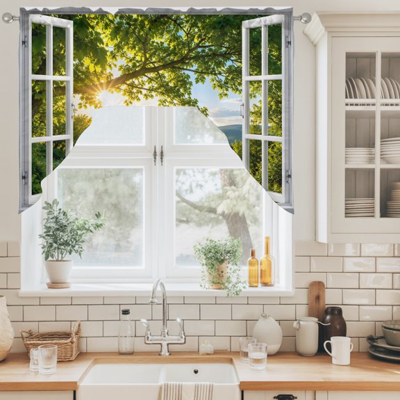 Window Serene Swag Valance for Windows, Summer Oak Tree Canopy Rolling Hill Country Pathway Swag Curtains Valances for Small Window Treatment Rod Pocket for Kitchen Bathroom 1 Panel 56x36in
