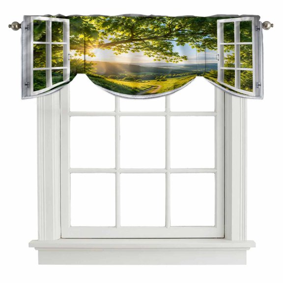 Window Serene Tie Up Valances Curtain, Summer Oak Tree Canopy Rolling Hill Country Pathway Adjustable Valance for Window Light Filtering for Kitchen and Bathroom Rod Pocket 1 Panel 42x12in