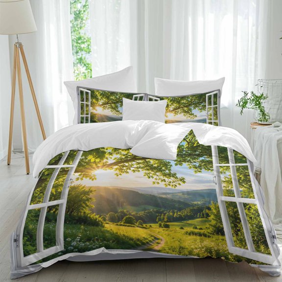 Window Serene Twin Duvet Cover Set, Summer Oak Tree Canopy Rolling Hill Country Pathway 4 Piece Microfiber Bedding Set with Zipper Closure, Bed Sheet and 2 Pillow Shams, Soft Bedding Cover