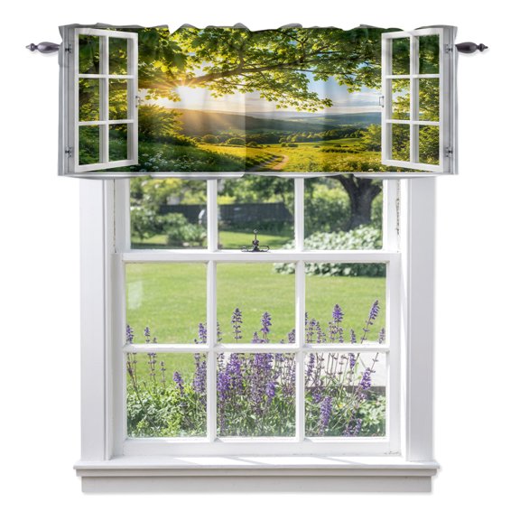 Window Serene Valances for Windows, Summer Oak Tree Canopy Rolling Hill Country Pathway Valance Window Treatment Rod Pocket Short Curtains Valances for Kitchen Bathroom 42"W x 12"L