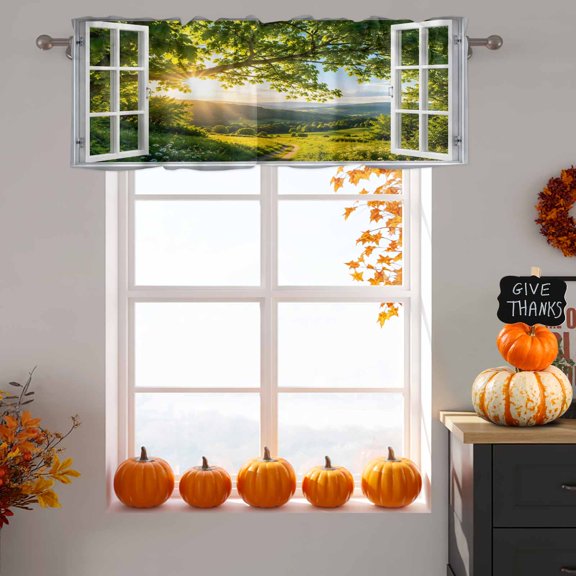 Window Serene Window Valance for Kitchen, Summer Oak Tree Canopy Rolling Hill Country Pathway Rod Pocket Short Curtains for Bathroom Bedroom Window, Light Filtering Decorative Valances 60x18 Inch